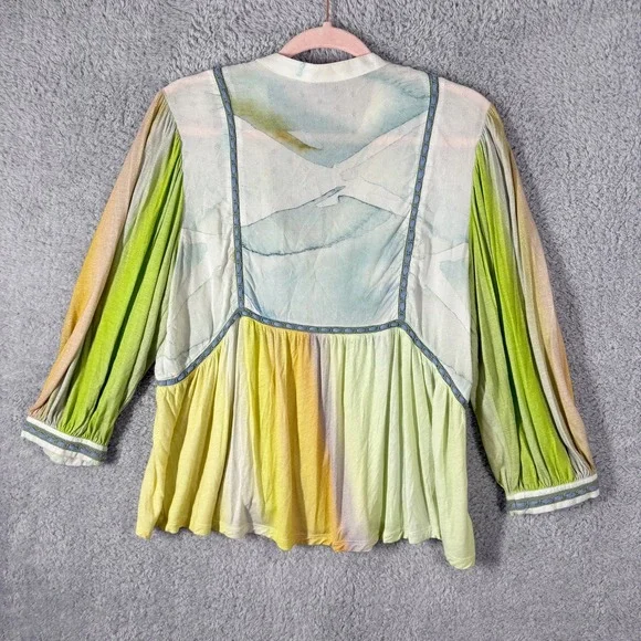 Anthro Bl^nk London Renata Tie Dye Top Size M Multicolor V-Neck Puff Sleeve Boho - Picture 8 of 9